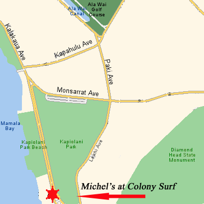 Map to Michel's on Kalakaua Avenue at the Colony Surf in Waikiki.