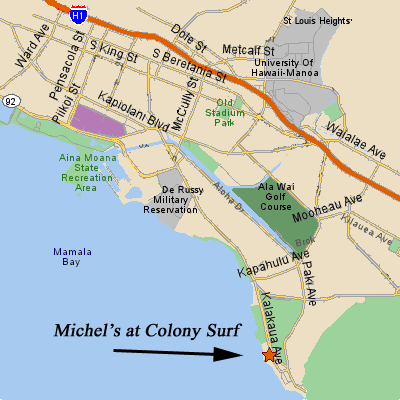 Map to Michel's at the Colony Surf in the Waikiki area of Honolulu.