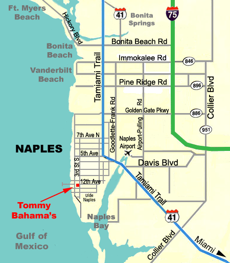 Map to Tommy Bahama's Tropical Cafe in Naples Florida