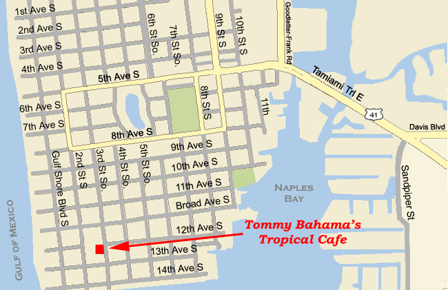 Map to Tommy Bahama's Tropical Cafe on 3rd St in Naples Florida